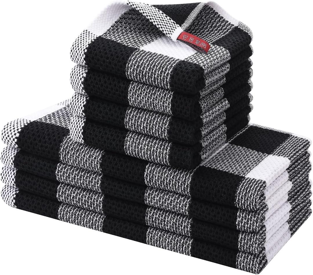 Homaxy Kitchen Towels and Dishcloths Set, 12 x 12 and 13 x 28 Inches, Set of 8 100% Cotton Waffle Weave Check Plaid Kitchen Dish Towels, Super Soft and Absorbent Dish Cloths, White & Black