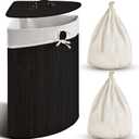 Gueevin Corner Bamboo Laundry Hamper with Lid and Removable Liner Corner Bamboo Laundry Basket with Handle Washing Clothes Basket Storage Bin for Bedroom Bathroom(Black,Vertical Slatted)