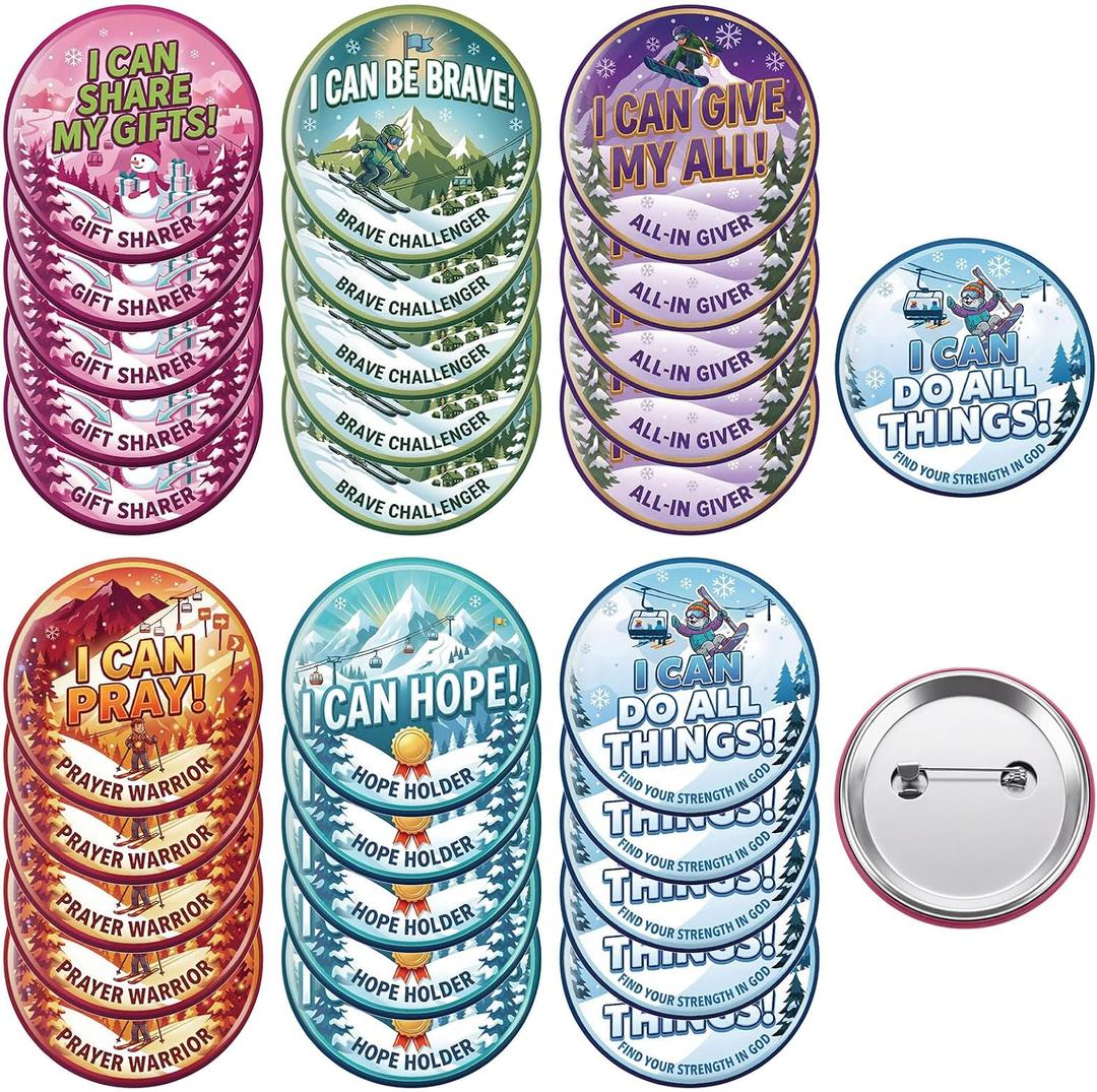 Kigeli 30 Pcs VBS Decoration Button Badge Snow Mountain 2026 Favors Motivational VBS Decoration Button Pin for Church Religious 2026 Summer Vacation Christian School Church Gift