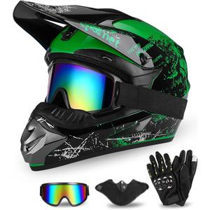 Full Face Dirt Bike Helmet DOT Certified - Complete Adult ATV Helmet Kit with Goggles, Gloves & Mask, Adjustable Visor, Quick Release, Small 