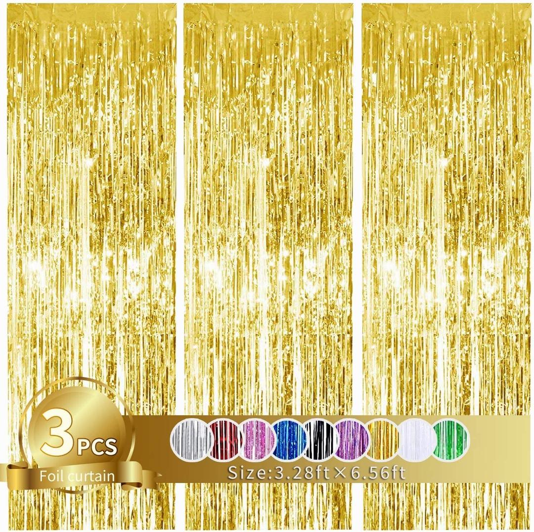2 x 3Pcs Gold Metallic Tinsel Foil Fringe Curtains,3.28ft x 6.56ft Gold Photo Booth Backdrop Streamer Curtain,Photo Booth Props,Ideal Bachelorette Party Supplies, Birthday, Christmas,New Year Decorations