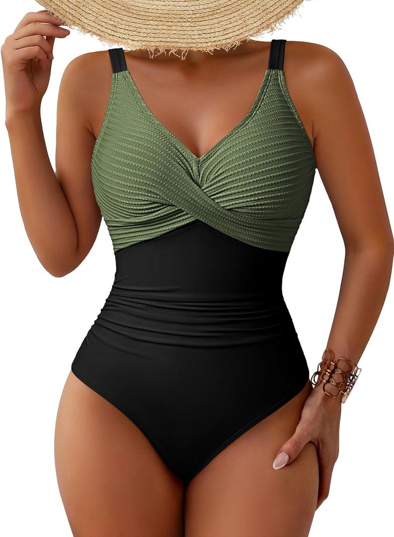 Pink Queen Women One Piece Swimsuit 2026 Patchwork Twist Front V Neck Ruched Tummy Control Swimwear Bathing Suits (Green, Medium)
