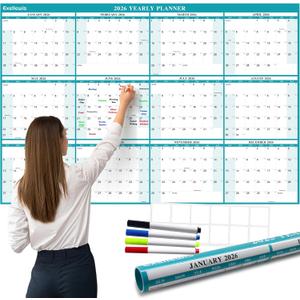 32" x 48" Exellewis 2026 Wall Calendar Erasable, Wet & Dry Erase Large Laminated Annual Yearly Planner - 12 Month Horizontal/Vertical Calendar January to December for Easy Planning, Organizing