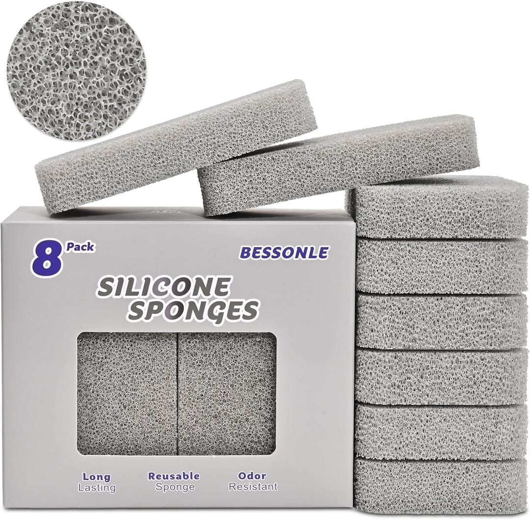 8 Pack Silicone Scrubbing Sponges, Heavy-Duty, Non-Scratch Kitchen Sponges - Reusable, Odor-Free, Perfect as for Cleaning Dishes, Non-Stick, Countertops (Grey) 