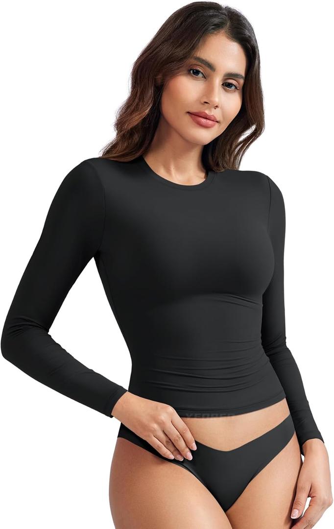 YEOREO Long Sleeve Shirts for Women y2k Tops Double Lined Basic Tee Crew Neck Going Out Sweeney Workout Undershirt (Small, Black)
