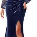 MISSMAY Women's Elegant Velvet V Neck Ruched Split Evening Long Dress (Blue, XL)