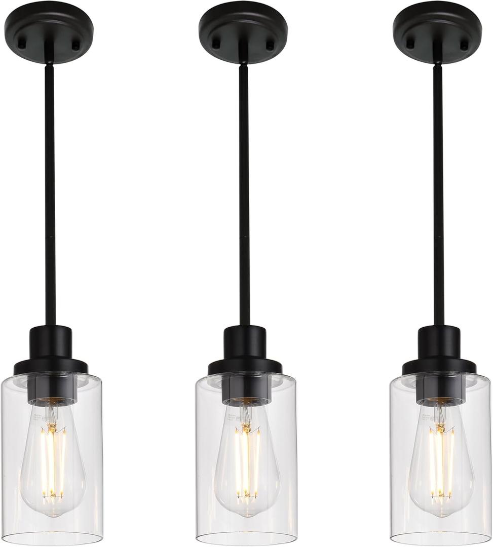 MELUCEE Kitchen Island Pendant Lighting 3 Pack Adjustable Black Hanging Ceiling Lamp with Clear Glass Shade for Bar Dining Room Corridor Living Room Bedside, 1-Light