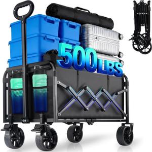 500LBS Collapsible Wagon Cart Foldable - 230L Large Heavy Duty Utility Cart with 360Swivel Brake Wheels, Lightweight Collapsible Wagon for Groceries Camping & Beach