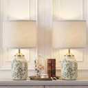 Tellingyou 2 Pcs 21" Vintage Green Ceramic Lamp with Beige Linen Shade Farmhouse Modern Table Lamp Ice Cracked Rose Floral for Bedroom Living Room Office Dorm Desk Table Rocker, Bulbs Not Included