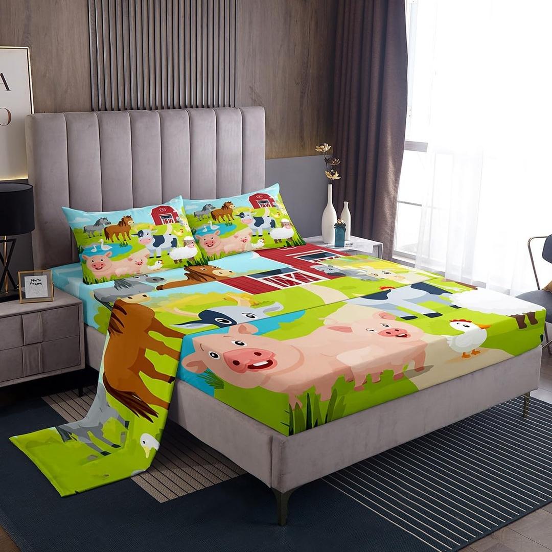 Farm Animal Bed Sheets Set Boys Pig Dog Cow Goat Duck Sheet Set for Kids Teens Ultra Soft Rustic Farmhouse Sheets with Deep Pocket Fitted Sheet Farm Nursery Decor Bedding Set Room Decor Twin Size