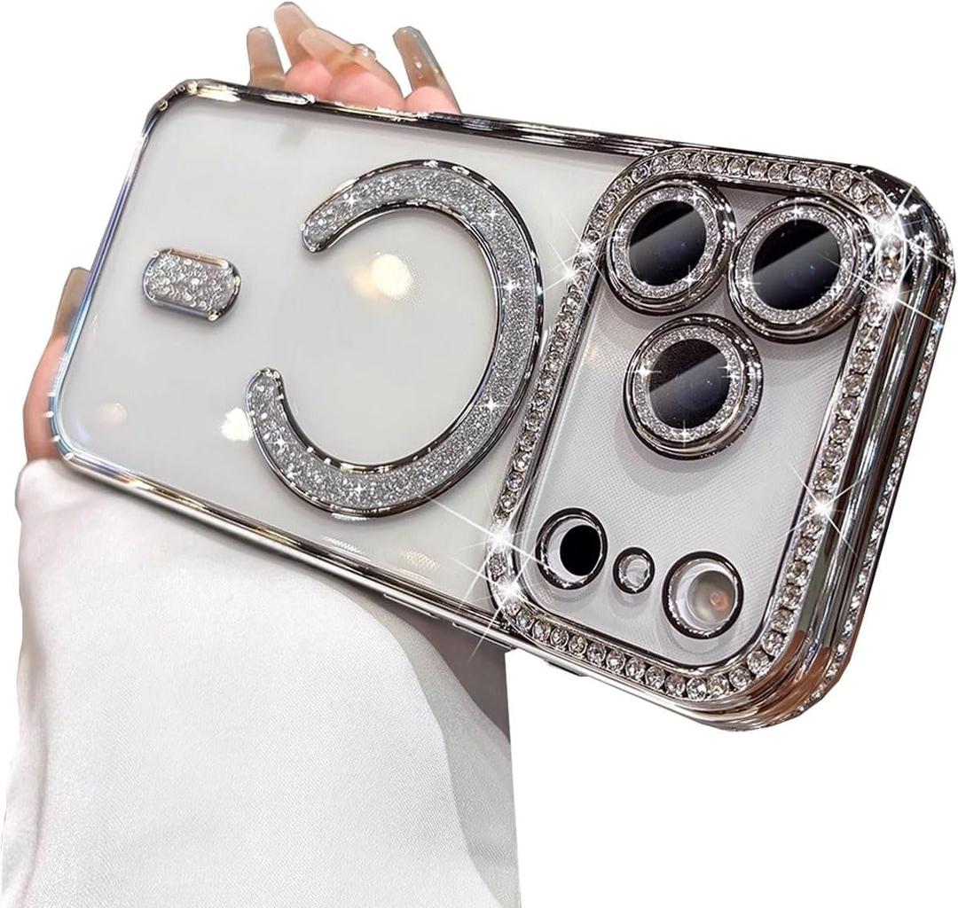 for iPhone 17 Pro Max Case Magnetic, [Compatible with MagSafe] Women Cute Clear Glitter Bling Diamond Rhinestone Sparkly Case Camera Lens Protectors Plating Cover 6.9'', 2025, Silver