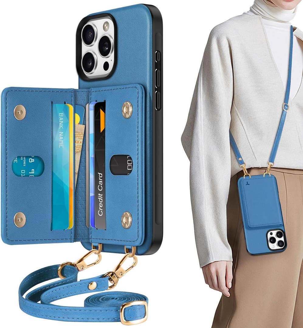 TUCCH Crossbody Case Wallet for iPhone 16 Pro Max, [Detachable Adjustable Lanyard] PU Leather Magnetic Folio RFID Blocking [6 Card Slots], Protective Phone Cover for iPhone 16 Pro Max, Lake Blue