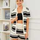 Moreone 2 Piece Lounge Set Women Short Sleeve Striped Crochet Knit Sets Two Piece Button Up Pajamas with Drawstring Shorts (Green, M)