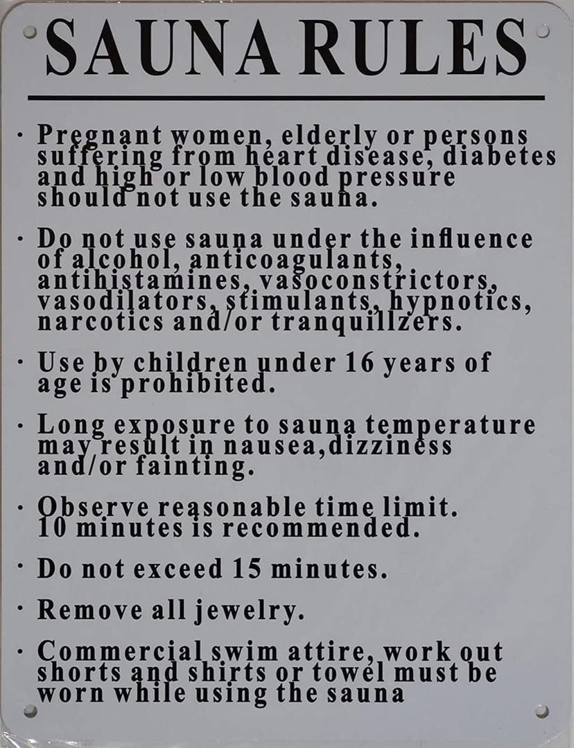 Sauna Rules SIGN Metal Sign for Wall, Fence, or Door - 12"x16"