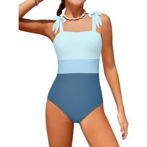 Girls Swimsuit One Piece Casual Color-Block Adjustable Straps Girls Bathing Suit Swimwear Blue 1, 13-14Years