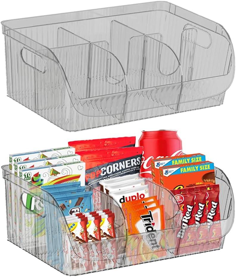 2 Packs Large Snack Organizer for Countertop, Plastic Pantry Organizer and Storage Bin for Kitchen, 6 Compartment Food Container Snack Bar with Dividers, Chip Holder for Office(Clear Black)