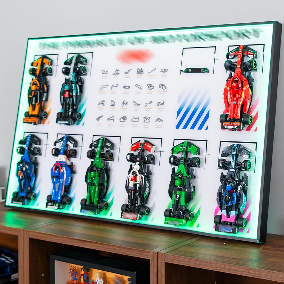 Display Wallboard with RGB LED Lights Compatible with Lego Speed Champions F1 10-in-1 Collector's Pack, 20 Color&22 Lighting Modes, Wall Mount Compatible with Lego 66802 Collectible F1 Model Car Kit Size：31.496inch × 19.685inch