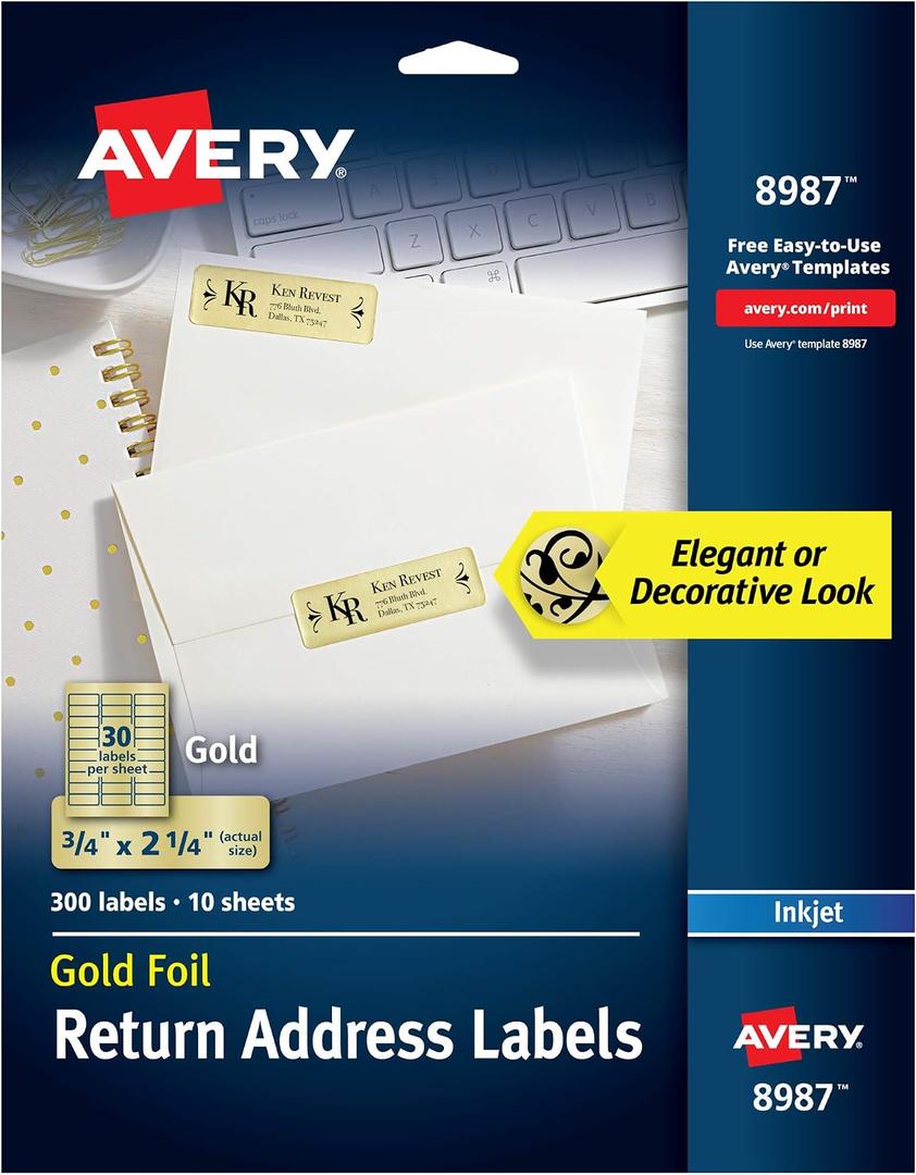 Avery Printable Return Address Labels, 0.75" x 2.25", Gold Foil, 300 Blank Mailing Labels (08987)