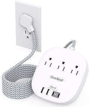 Flat Plug Power Strip, 5ft Flat Extension Cord - 3 Outlets 4 USB Ports (2 USB C) 22.5W/4.5A Desktop Charging Station, Power Strip No Surge Protection for Cruise Ship, Dorm Room Travel Essentials white