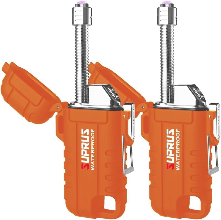 SUPRUS Waterproof Lighter Windproof Lighter Arc Plasma Lighters USB-C Rechargeable with Expandable and Flexible Neck for Outdoor, Camping & Kitchen (Orange, 2Packs)