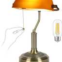 NISSAFORS Bankers Desk Lamp, Amber Glass Shade, Vintage Desk Lamp with Pull Chain Switch, Retro Table Lamps for Home Office LED Bulb Included (Brass+Amber, Middle)