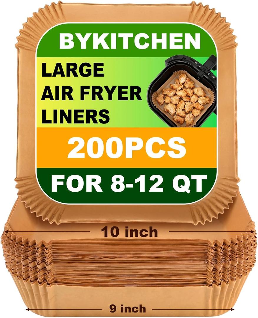 BYKITCHEN Large Air Fryer Liners for 8-12QT XL Airfryer, Compatible with CHEFMAN 8QT/ 10 QT/ 12QT & Instant Pot 10QT, 200PCS 10 Inch Disposable Airfryer Parchment Paper Liner, Air Fryer Accessories