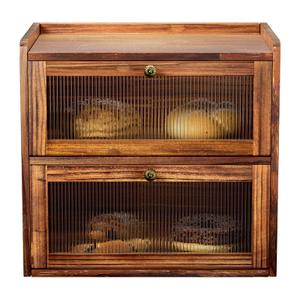 Bread Box for Kitchen Countertop Wooden Bread Storage Container Bin 2 Layer Corner Breadbox Large Capacity, Vintage Farmhouse Food Organizer Pantry Shelf with Window Brown Pine Wood