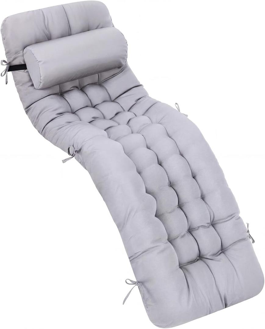 Tudomro 66'' Outdoor Chaise Lounge Cushion Waterproof Patio Pool Chaise Lounge Cushion with Headrest Pillow Tie Fade Resistant Replacement Longue Rocking High Back Chair(Light Gray,1 Pcs), 66 x 20.9 x 3.9 inches