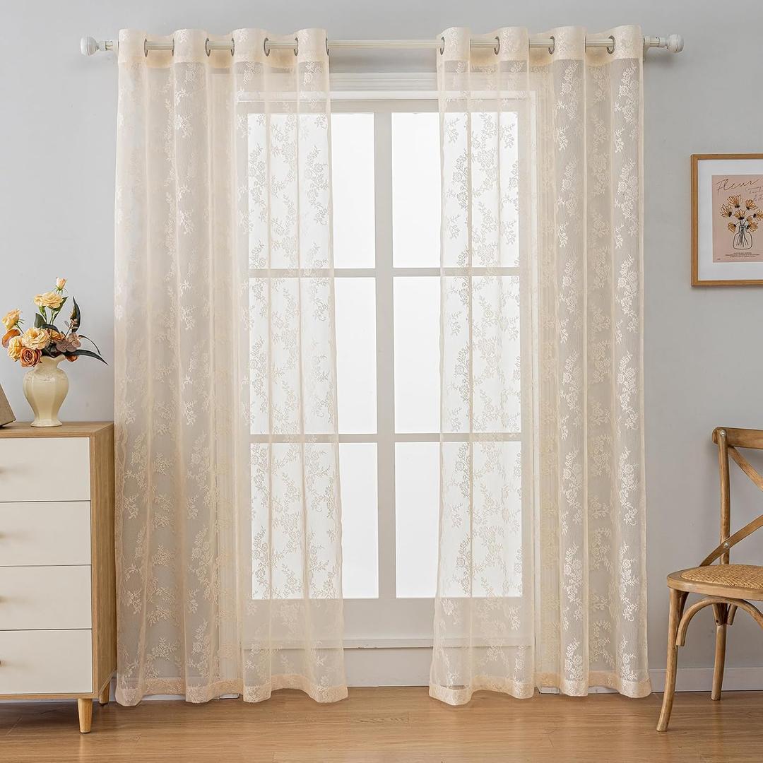 Anytime Beige Lace Sheer Curtain Panels for Living Room Elegant Window Treatment Sets Light Filtering Translucent Draperies for Office (2 Panels,W55 x L84inch)
