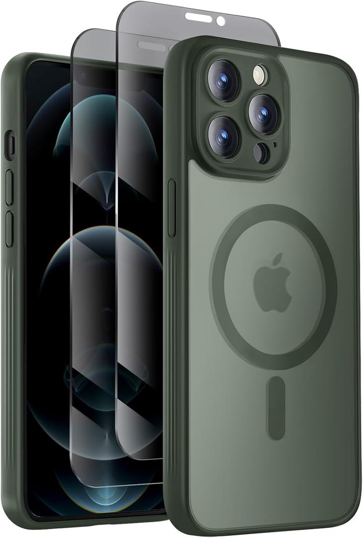 Symcele Designed for iPhone 12 Pro Case, Compatible with MagSafe, with Privacy Screen Protectors X2, [Camera Protection] [15FT Military Drop Protection] Shockproof Phone Case, 6.1", Alpine Green