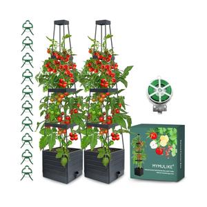 MYMULIKE 2 Pack Raised Garden Bed Planter Box with Trellis, 58” Tomato Cage Planter Raised Garden Bed with Trellis for Climbing Vegetables Plants Tomato Cage w/Self-Watering, Indoor Outdoor Use