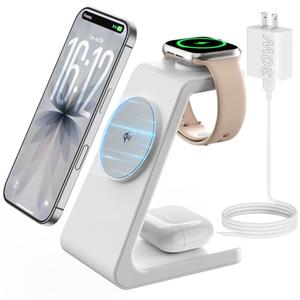 Magnetic Wireless Charging Station for iPhone: 3 in 1 Qi2 Certified 15W Fast Charging for iPhone 17-12, Apple Watch & AirPods, N52 Magnets & 30W Adapter Included (Office/Bedside/Desk)