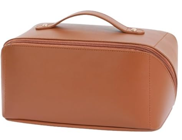Large Capacity Portable Travel Cosmetic Bag, Multifunctional Waterproof PU Leather Makeup Bag with Handle and Dividers, Brown, 9.2" x 4.2" x 4.2"