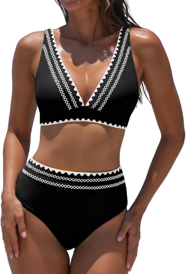 popvil High Waisted Bikini Set for Women Two Piece Tummy Control Swimsuit Color Block Bathing Suit Beach Vacation 2026 (M)