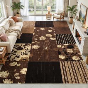 Floral Rugs for Living Room, 8x10 Washable Area Rug for Dining Room Farmhouse Office Bedroom Decor, Geometric Patchwork Stain Resistant Low Pile Indoor Floor Throw Rugs, Dark Brown