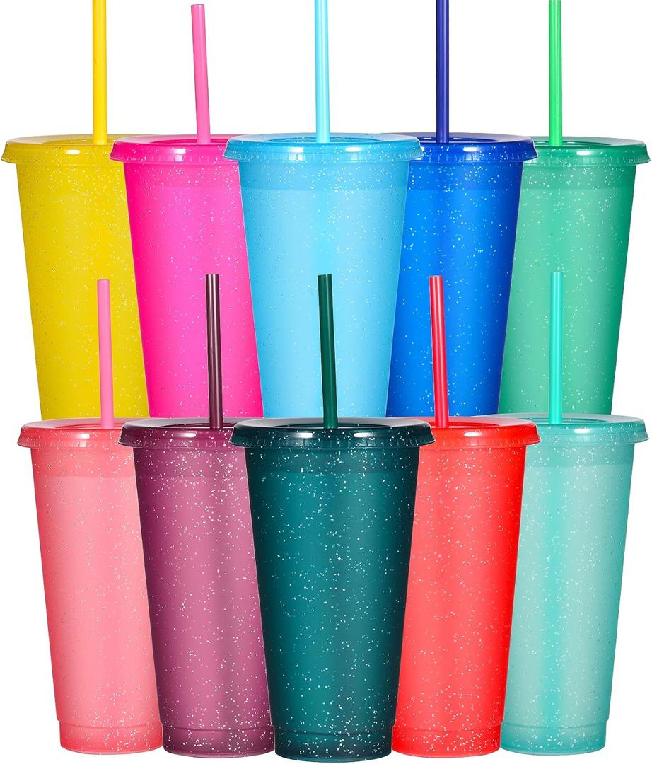 Suertestarry Tumbler with Straw and Lid,Water Bottle Iced Coffee Travel Mug Cup,Reusable Plastic Cups,Perfect for Parties,Birthdays,24oz-10 Pack (10 Pack Glitter, 10 pack)