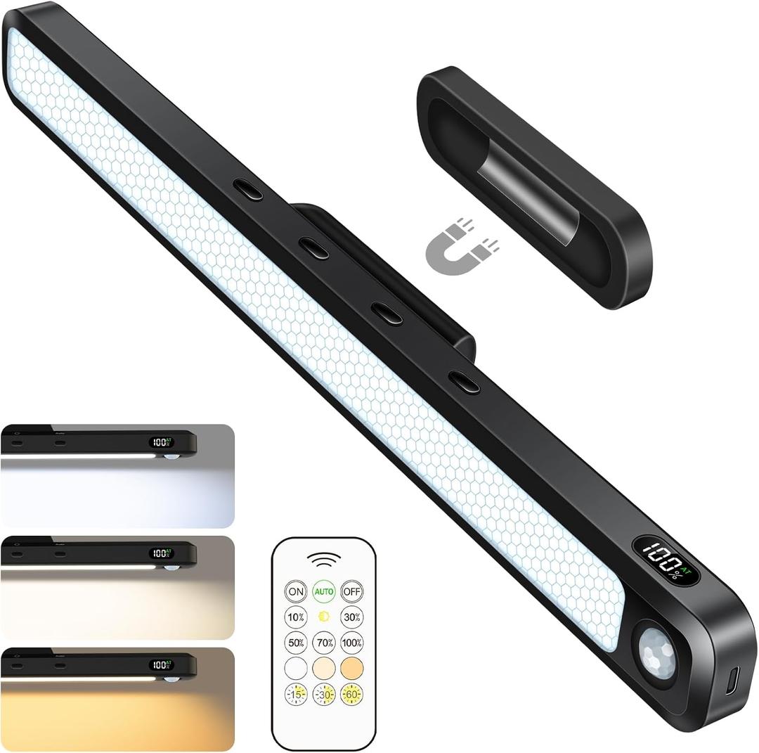 Ferswe 3W Motion Sensor Rechargeable Light Bar with Remote, Eye-Friendly Closet Lights with Battery Display, 2000mAh Makeup Lighting, Magnetic Light Bar for Cabinet, Closet, Bathroom and Desk