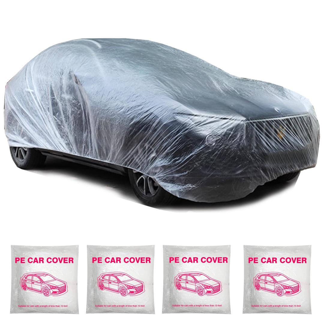 Universal Disposable Car Covers - Waterproof Plastic Car Cover for Automobiles - Universal Vehicle Cover with Elastic Band for Sedan Outdoor Snow Rain Weather, (Size L 4Pack)