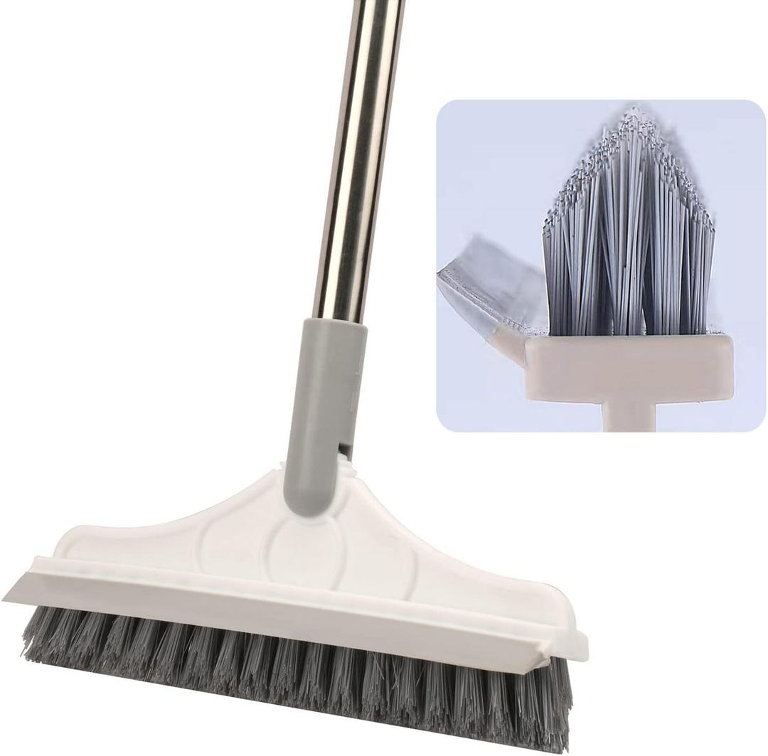 2 in 1 Floor Brush Scrubber with Long Handle Grout Brush 3 Poles 53.5'' New Upgrade Stiff Bristle Cleaning Scrub Brush with Squeegee 120Rotating Tile Brush for Cleaning Bathroom Glass Patio Kitchen (White)