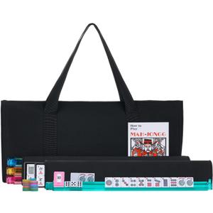 American Mahjong Set - Black Soft Bag - 166 White Engraved Tiles, 4 All-in-One Rack/Pushers Western Mah Jongg Game Set