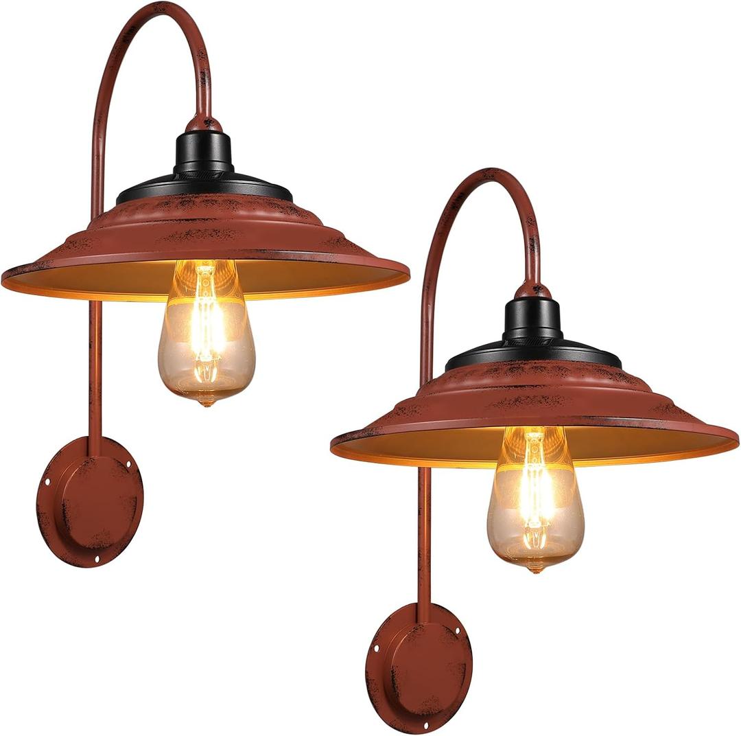 Red Solar Barn Lights for Outside, 2PCS Waterproof Solar Wall Light Fixture, Rustic Vintage Metal Gooseneck Solar Wall Mount Lights with Gold Interior, for Outdoor Barn Shed Farmhouse Porch