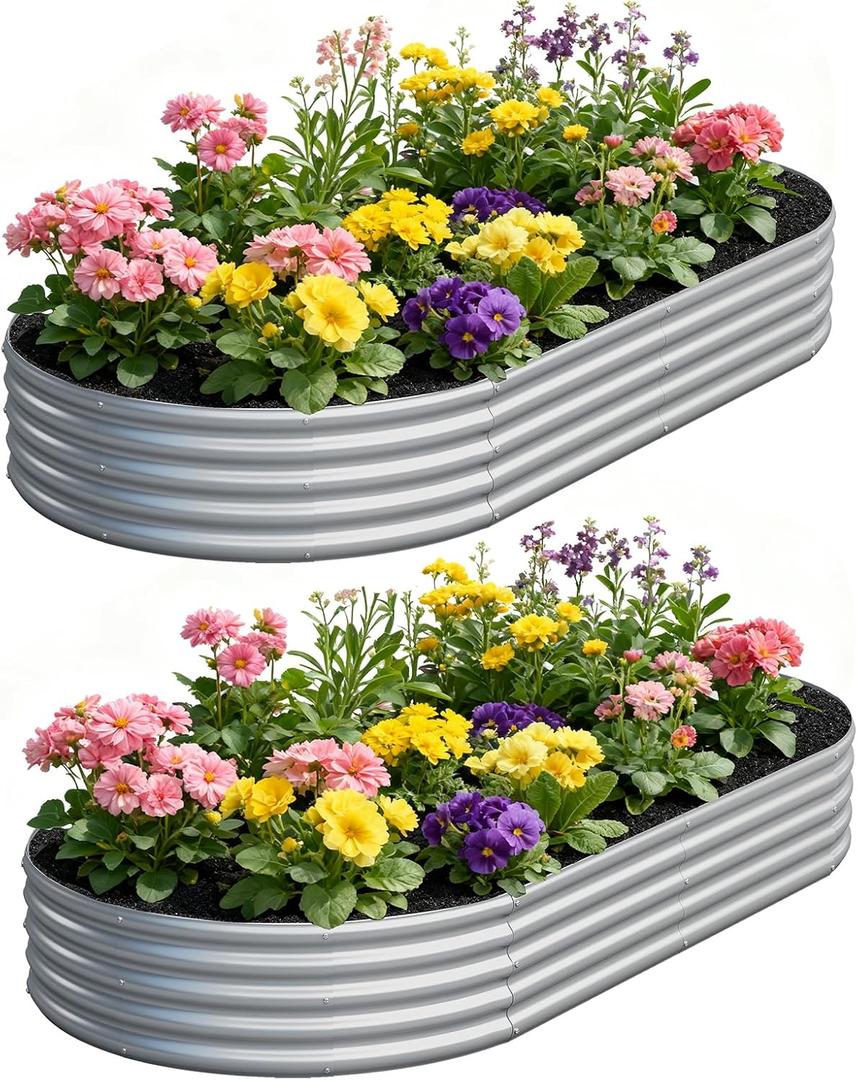zizin 2 Pack Galvanized Raised Garden Bed Metal Oval Raised Garden Beds Outdoor Planter Box for Vegetables (8x4x1FT, Silver)