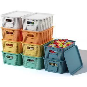 ORGIDOL Plastic Storage Basket with Lids 10 Pack Stackable Colorful Storage Bins Containers with Lid, Decorative Storage Boxes for Organizing Shelves, Drawers, Playroom, Classroom, Office, Closet