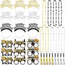 72 Pcs 2026 Decorations Happy New Years 2026 Headband Tiara New Year Eve Glasses Metallic Fringed Noise Makers and Necklaces Black and Gold Silver for Party Favors Decor