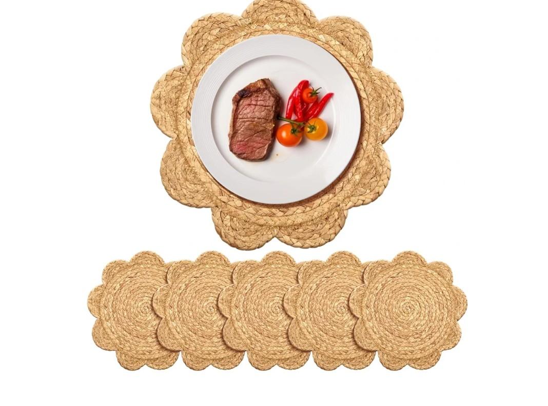 6 Set 13.8 Inch Round Woven Rattan Placemats Plate Chargers, Scalloped Edge Rattan Place Mats, Boho Farmhouse Braided Straw Table Mats House Warming Gift Dining Table Decor, Party, Events