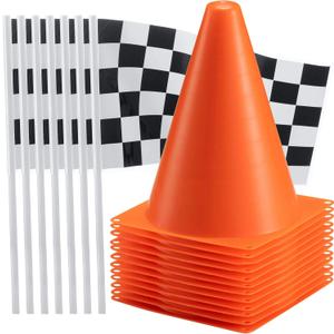 Bedwina Race Car Birthday Party Decorations - (36 Pcs) 12 - 8-Inch Orange Mini Cones for Kids & 24 Black & White Checkered Flags on Sticks - Race Car Themed Birthday Party Decor & Centerpiece Supplies