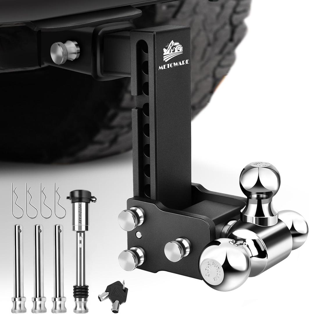 METOWARE Adjustable Trailer Hitch Fits 2-Inch Receiver - Heavy Duty Drop Hitch with 8-Inch Drop/Rise (14,000 LBS GTW) - Tri-Ball (1-7/8'', 2'', 2-5/16'') and Anti-Theft Stainless Steel Lock