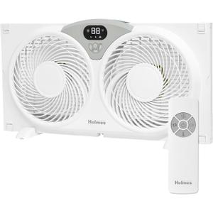 Holmes 9 Inch Digital CleanBreeze Window Fan with Programmable Thermostat Reversible Twin Blades Remote Control Water Resistant Quiet Cooling for Bedroom Living Room Home White, Large
