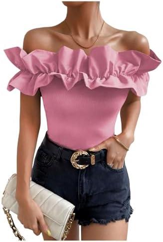 OYOANGLE Women's Ruffle Trim Off Shoulder Short Sleeve Blouse Party Tops Shirt M