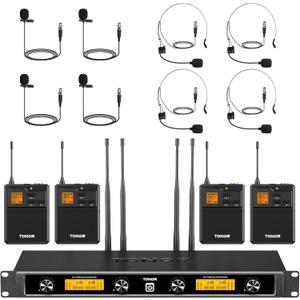 TONOR UHF Wireless Microphones System with Bodypack Transmitter, Headset/Lavalier Lapel Mics, Receiver, 4 * 10 Channels, 295ft Range for Karaoke, Singing, Church, Party, PA Speaker Mixer Recording